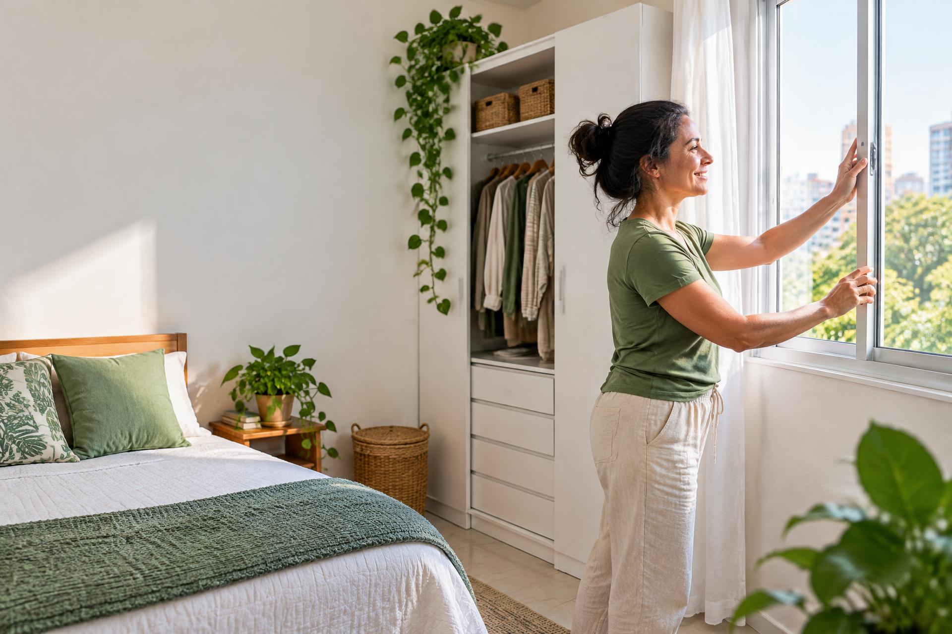 Mulher abrindo a janela de um quarto limpo e ventilado